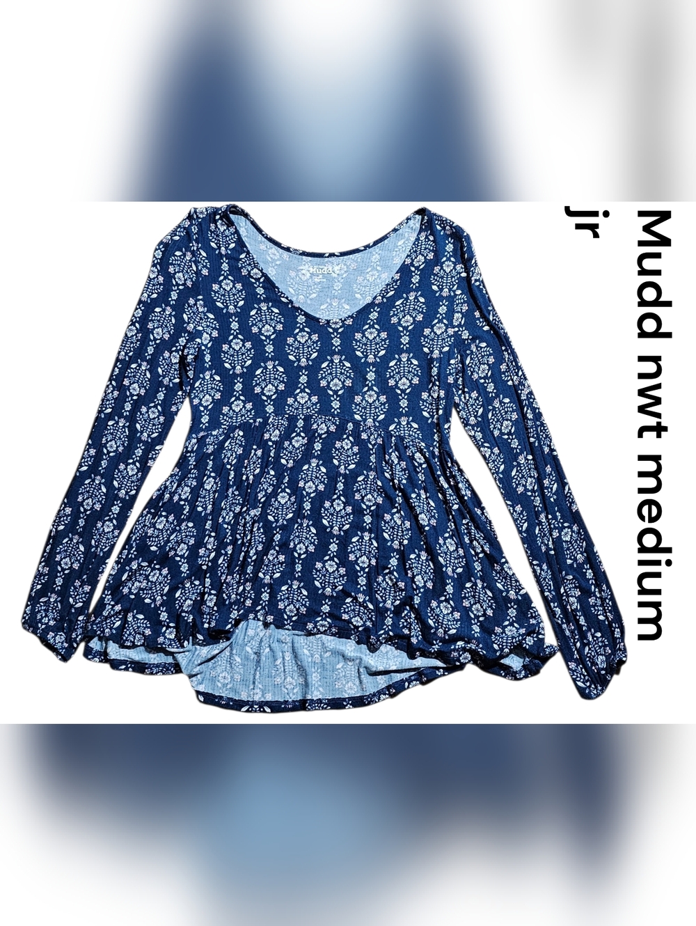 Mudd Navy Blue Floral Long-Sleeve Peplum Top